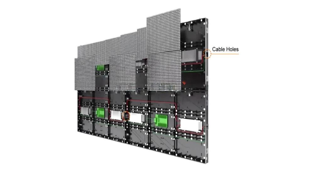 Internal Cable Routing for Neat and Efficient Setup | LED Sun LED screen enclosure showing internal cable routing with organized cable openings on all sides for tidy setup.