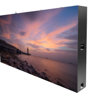 Indoor fixed LED screen with 960×960 mm cabinet size, featuring front maintenance and magnetic suction installation in a modern interior.