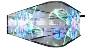 Transparent LED screen integrated into a modern space, showing vibrant visuals while maintaining see-through clarity.