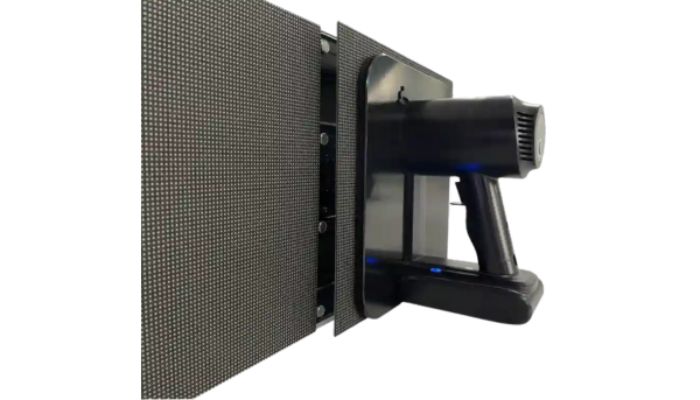 Close-up of an interior LED screen module showing detailed electronic components and vibrant LED pixels.