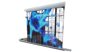 Transparent LED screen seamlessly integrated into a modern architectural environment, showcasing vibrant visuals while maintaining visibility through the display.