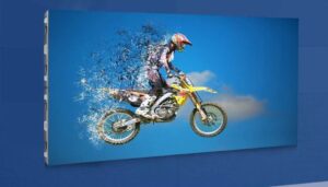 Fixed indoor LED display panel 640 x 640 mm showing vibrant high-resolution content in a sleek indoor setup