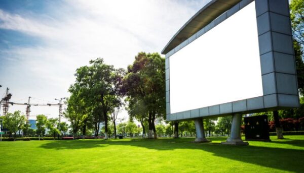 High-resolution outdoor LED screen in use at a commercial or institutional space, showcasing vivid colors and sharp image quality.